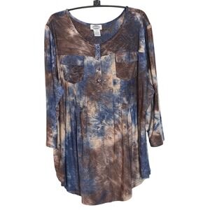 Sienna Grace Blue‎ Brown Tie Dye Embroidered Henley Tunic Top Plus Size 1X